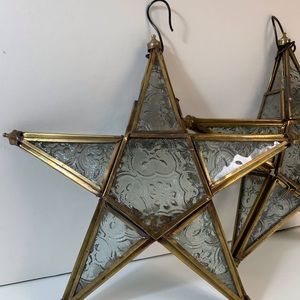 Pair of Patterned Clear Stained Glass Star Tea Candleholders with Copper Trim